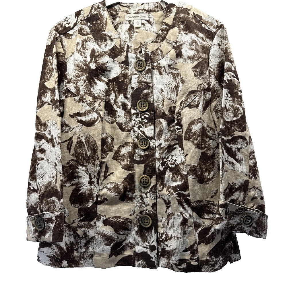Coldwater Creek Women's Jacket Size 10 Brown Beige Floral Linen Blend 3/4 Sleeve